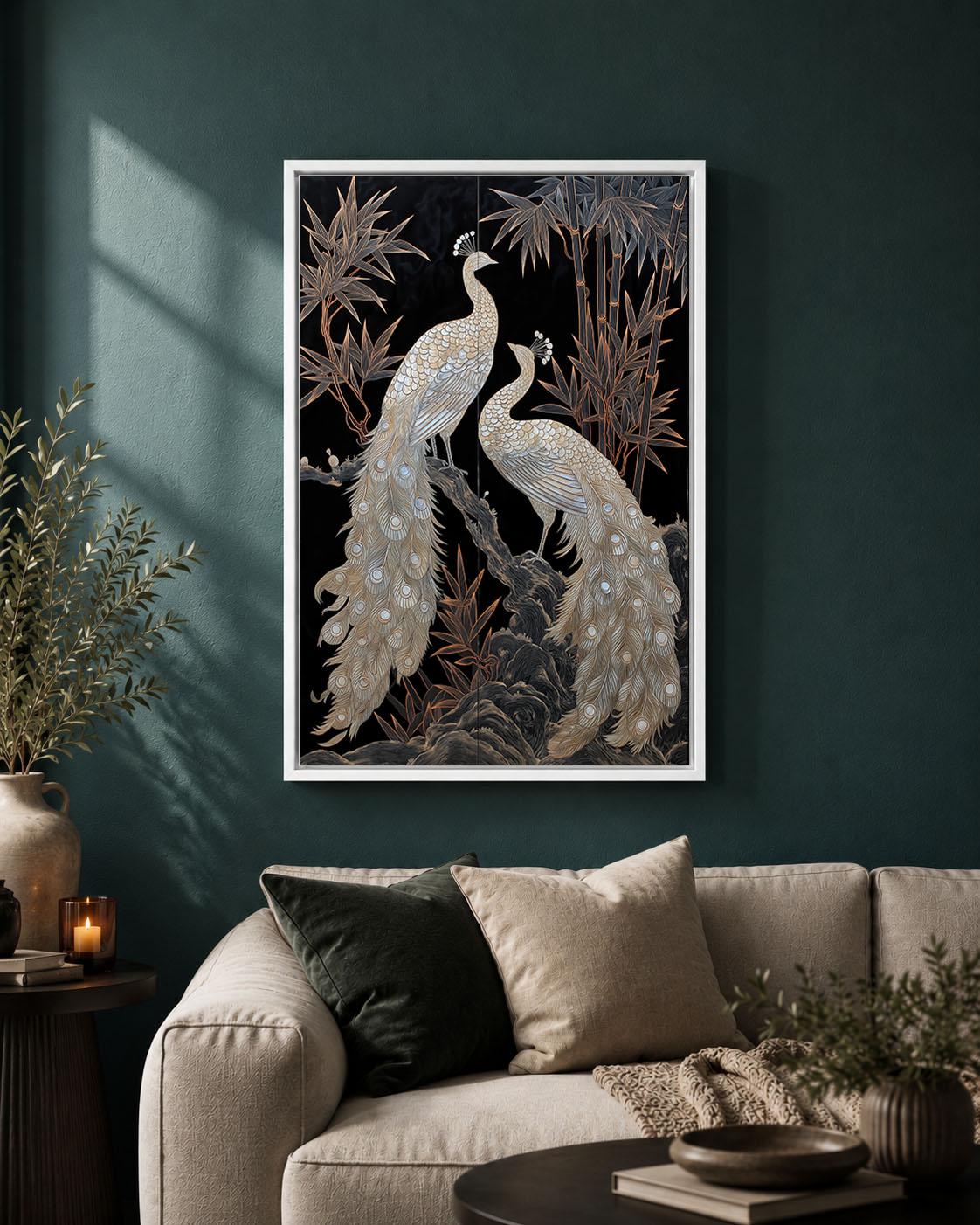 White Peacock Black and Gold Elegant Chinoiserie Oriental Framed Canvas