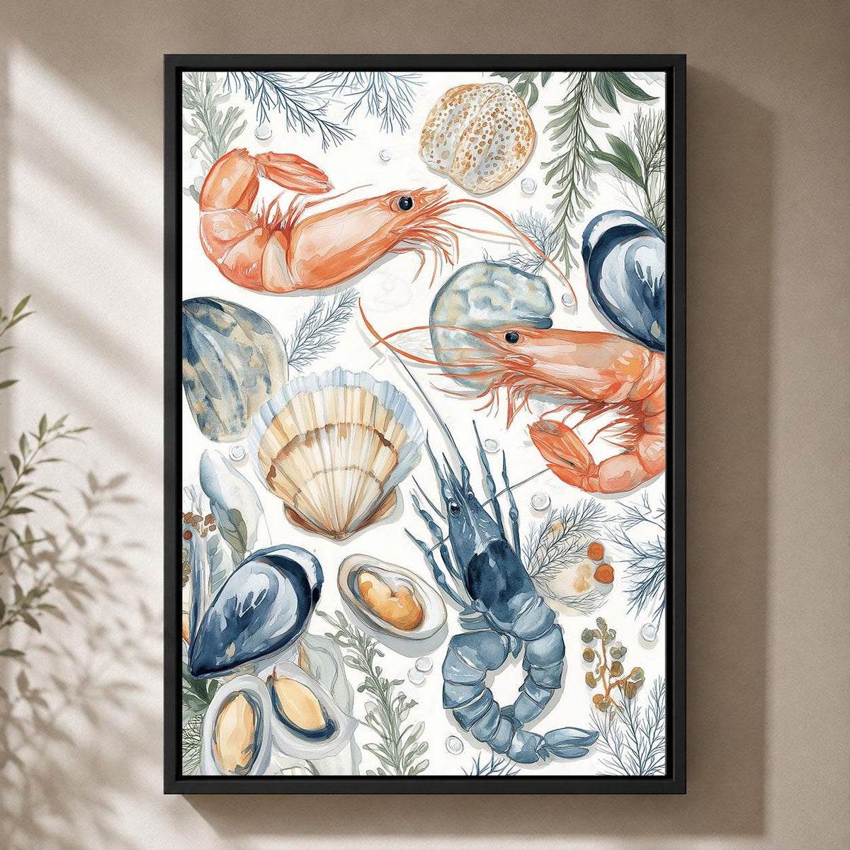 Seafood Prawn, Lobster and Shellfish Watercolour Ocean Food Framed Canvas