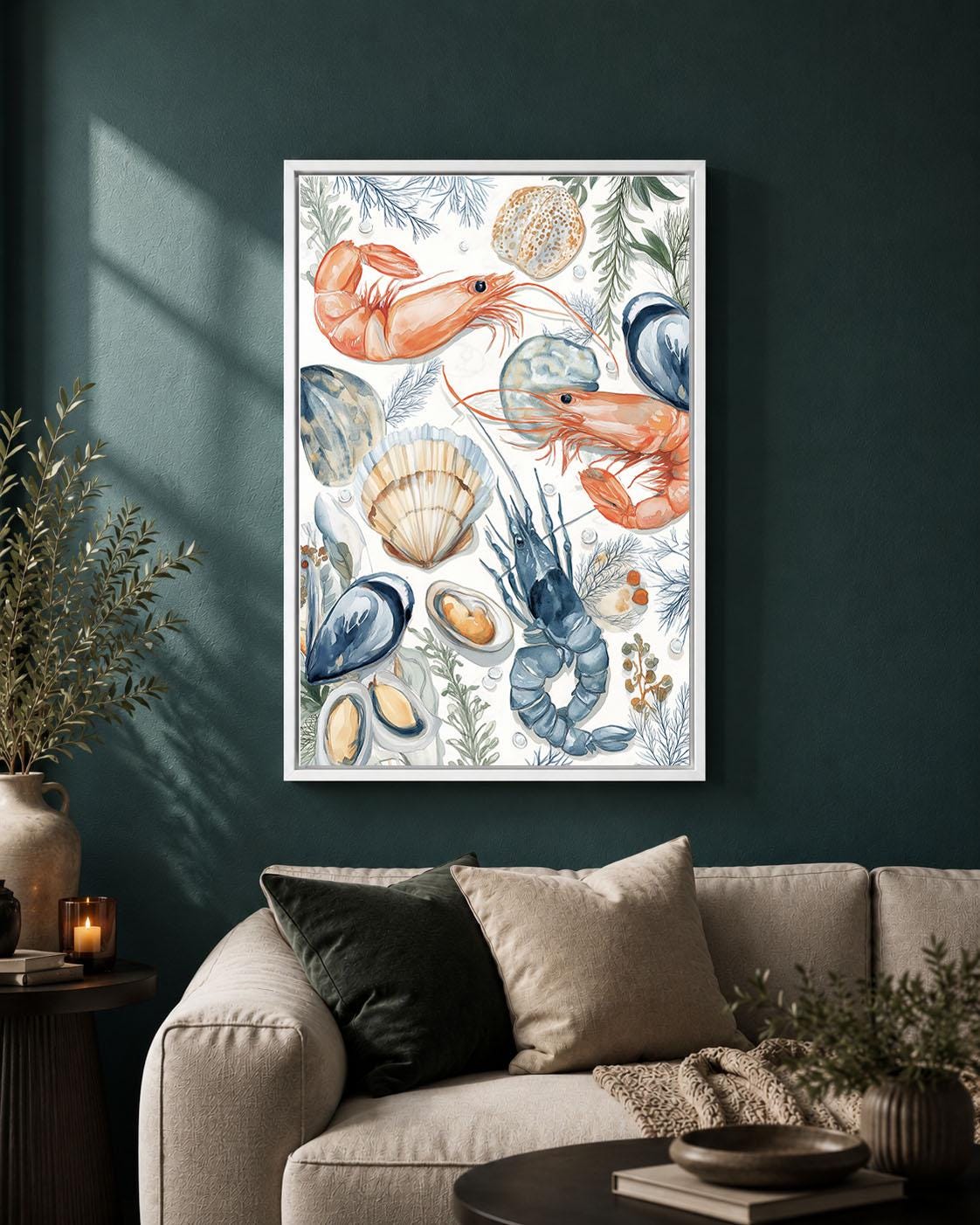 Seafood Prawn, Lobster and Shellfish Watercolour Ocean Food Framed Canvas