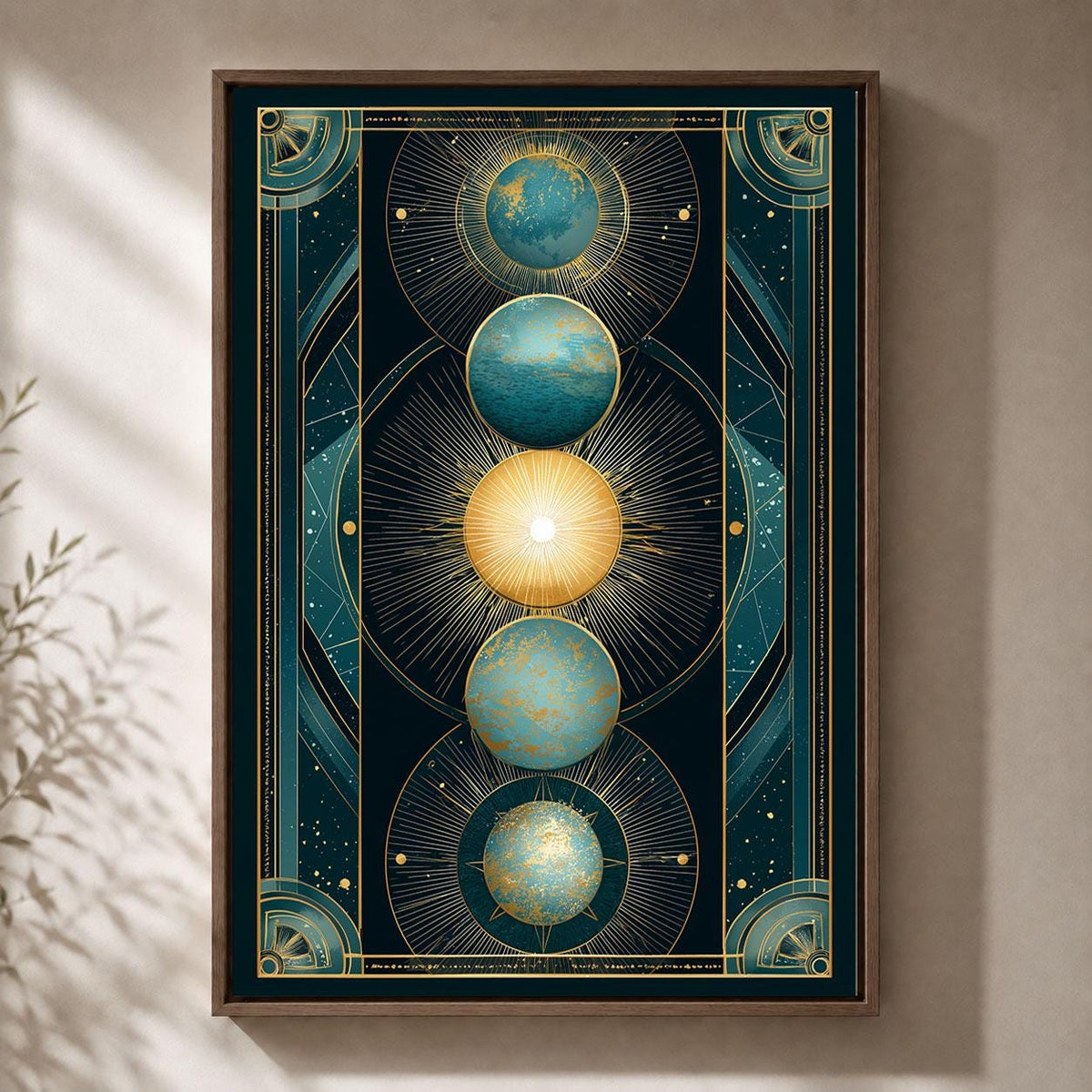 Celestial Art Deco Sun and Moon Teal and Gold Planet Framed Canvas