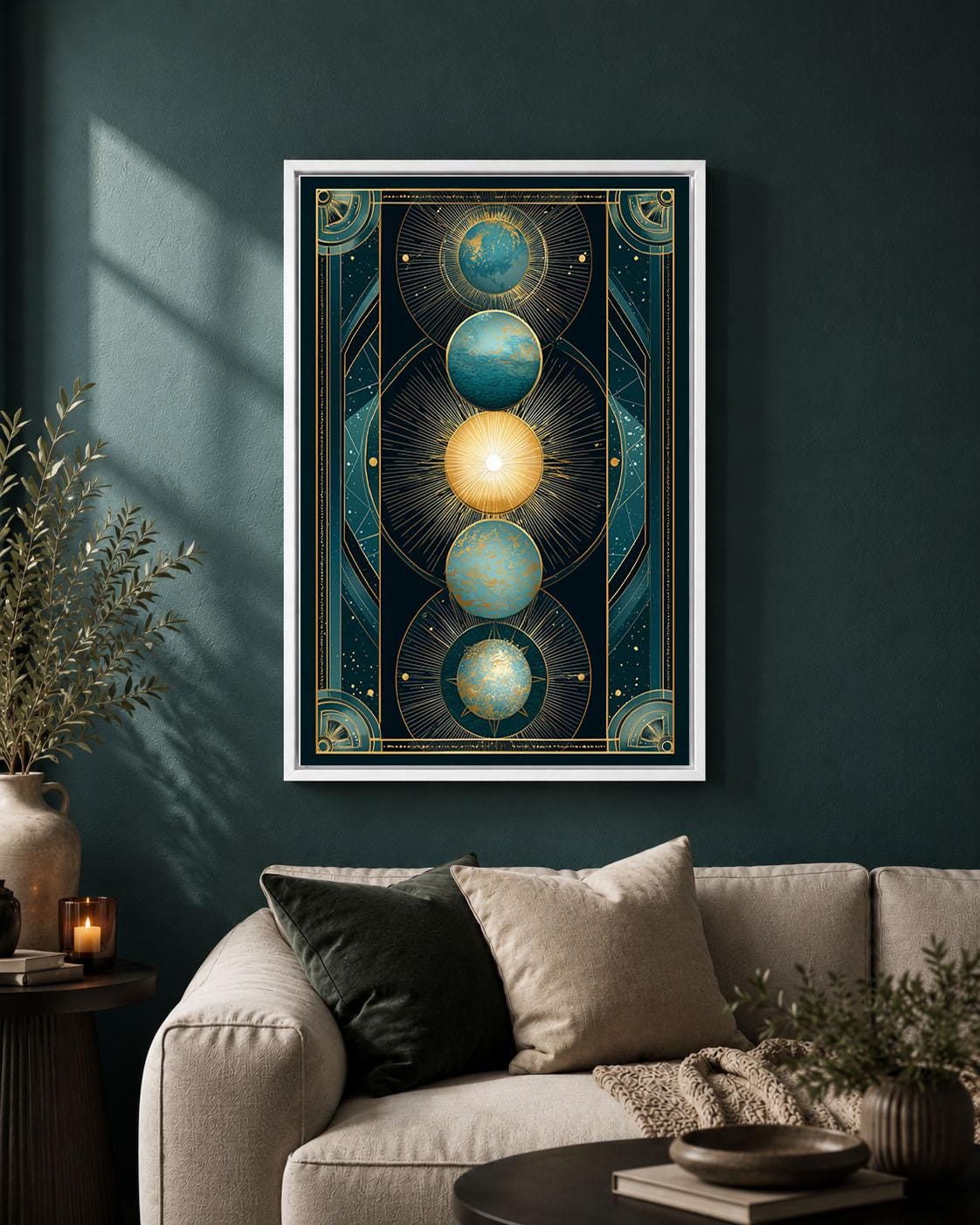 Celestial Art Deco Sun and Moon Teal and Gold Planet Framed Canvas
