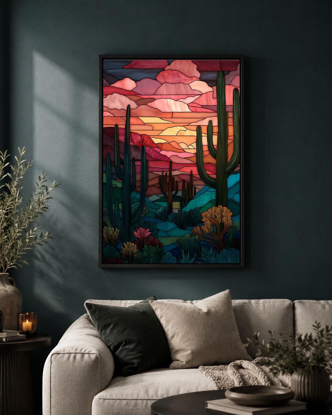 Stained Glass Effect Cactus Colourful Southwest Sunset Framed Canvas
