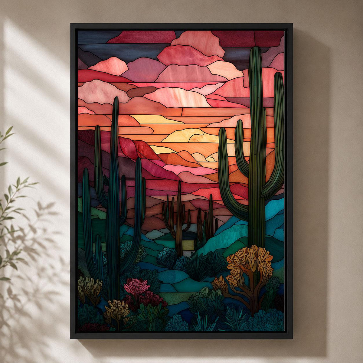 Stained Glass Effect Cactus Colourful Southwest Sunset Framed Canvas