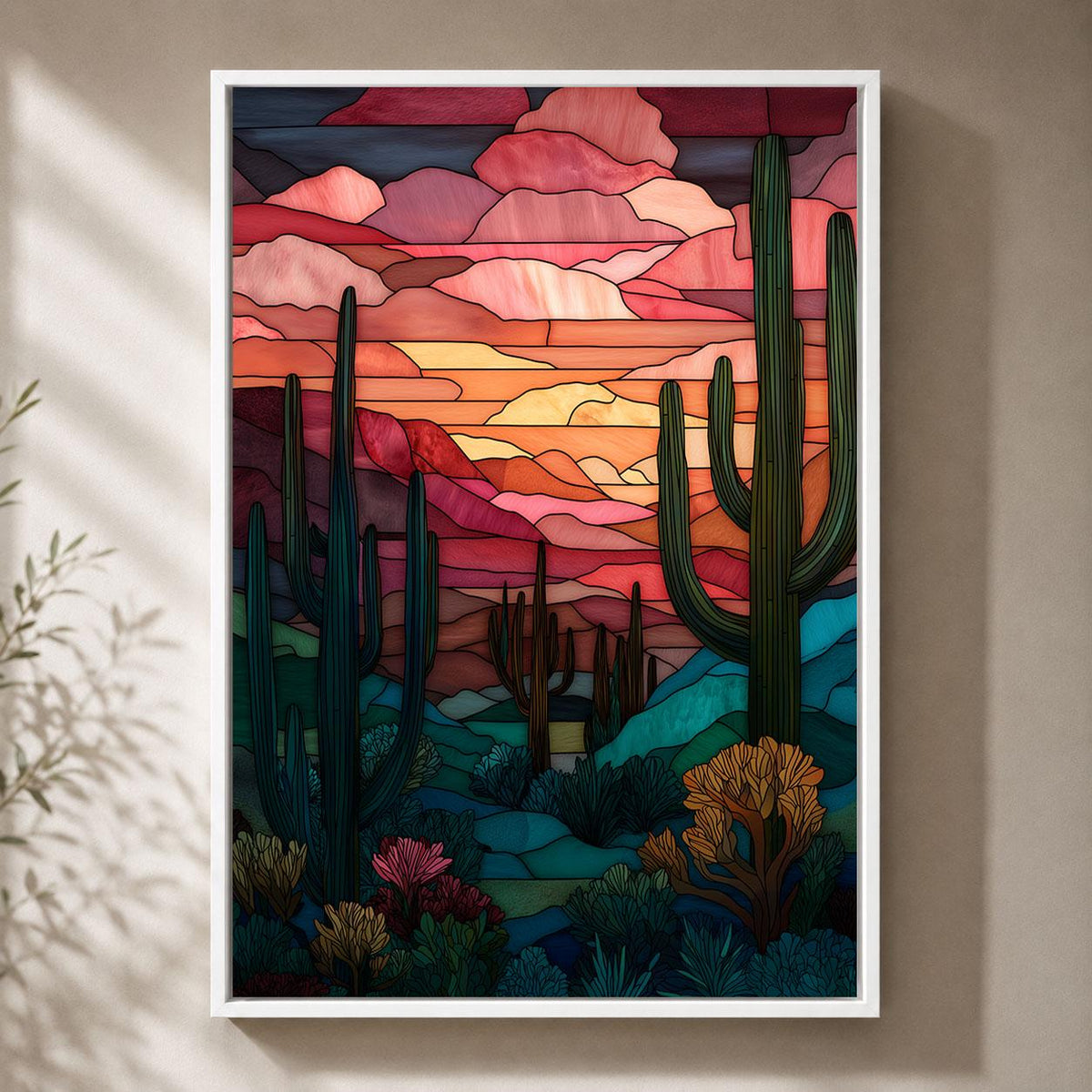 Stained Glass Effect Cactus Colourful Southwest Sunset Framed Canvas