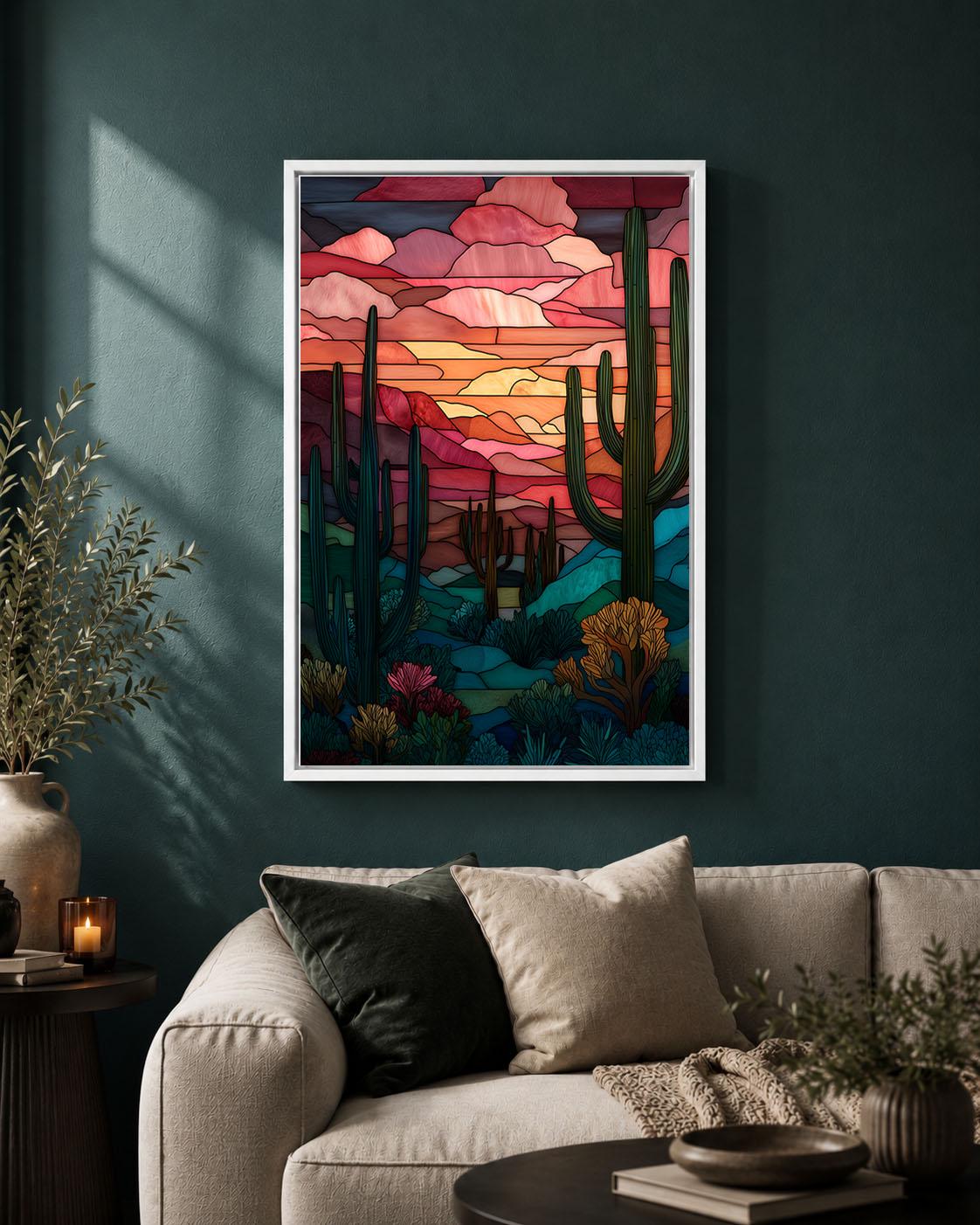 Stained Glass Effect Cactus Colourful Southwest Sunset Framed Canvas