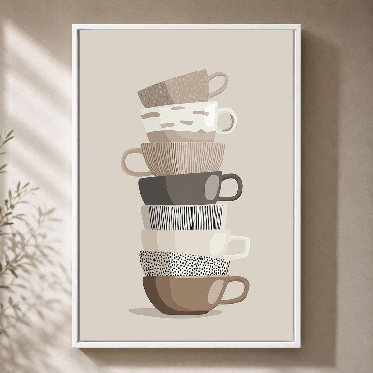 Stacked Teacups Neutral Kitchen Modern Tea and Coffee Cup Framed Canvas