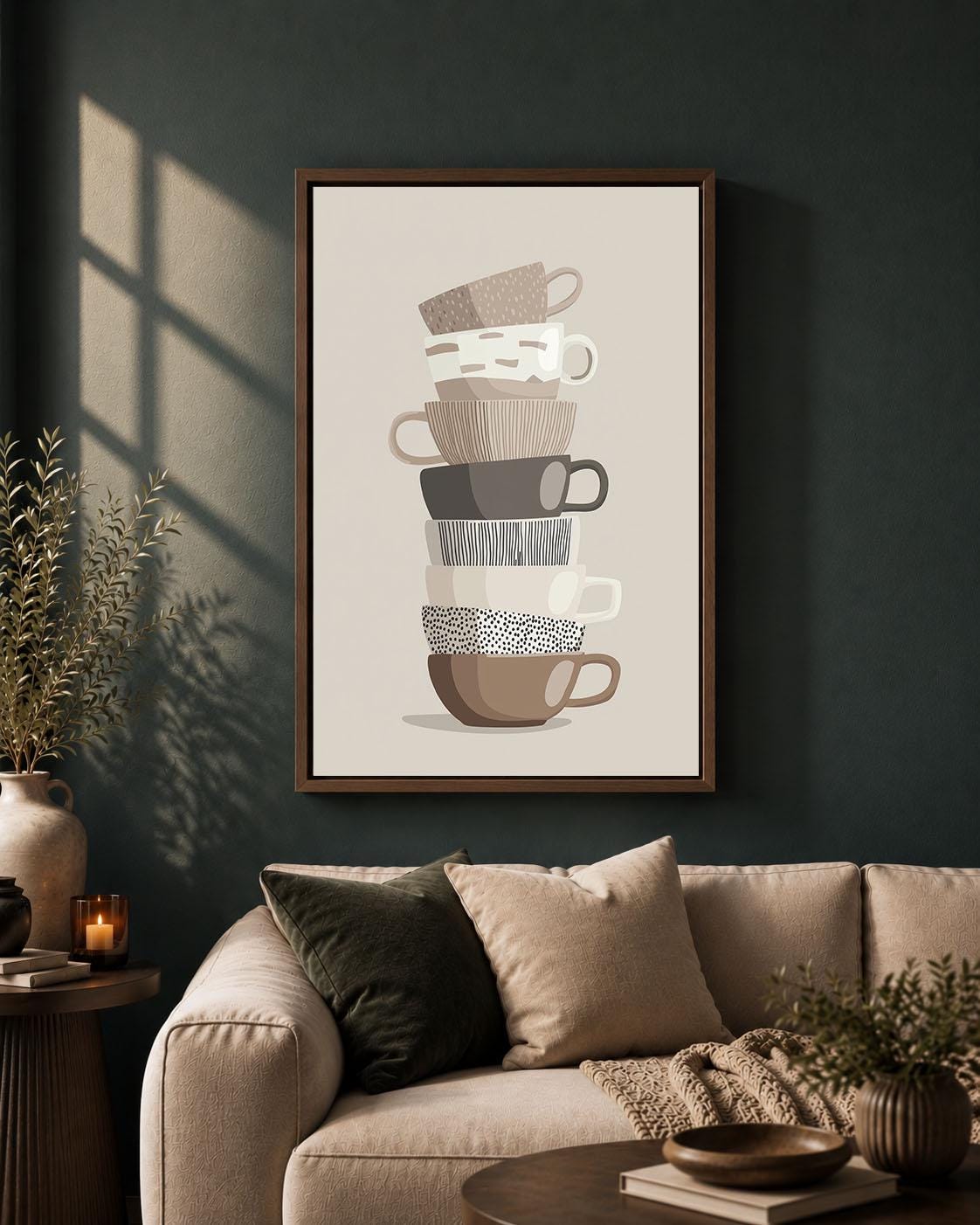 Stacked Teacups Neutral Kitchen Modern Tea and Coffee Cup Framed Canvas