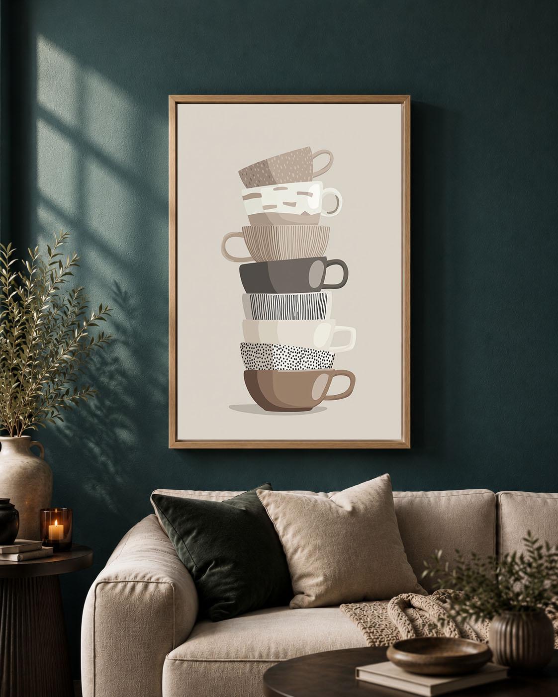 Stacked Teacups Neutral Kitchen Modern Tea and Coffee Cup Framed Canvas