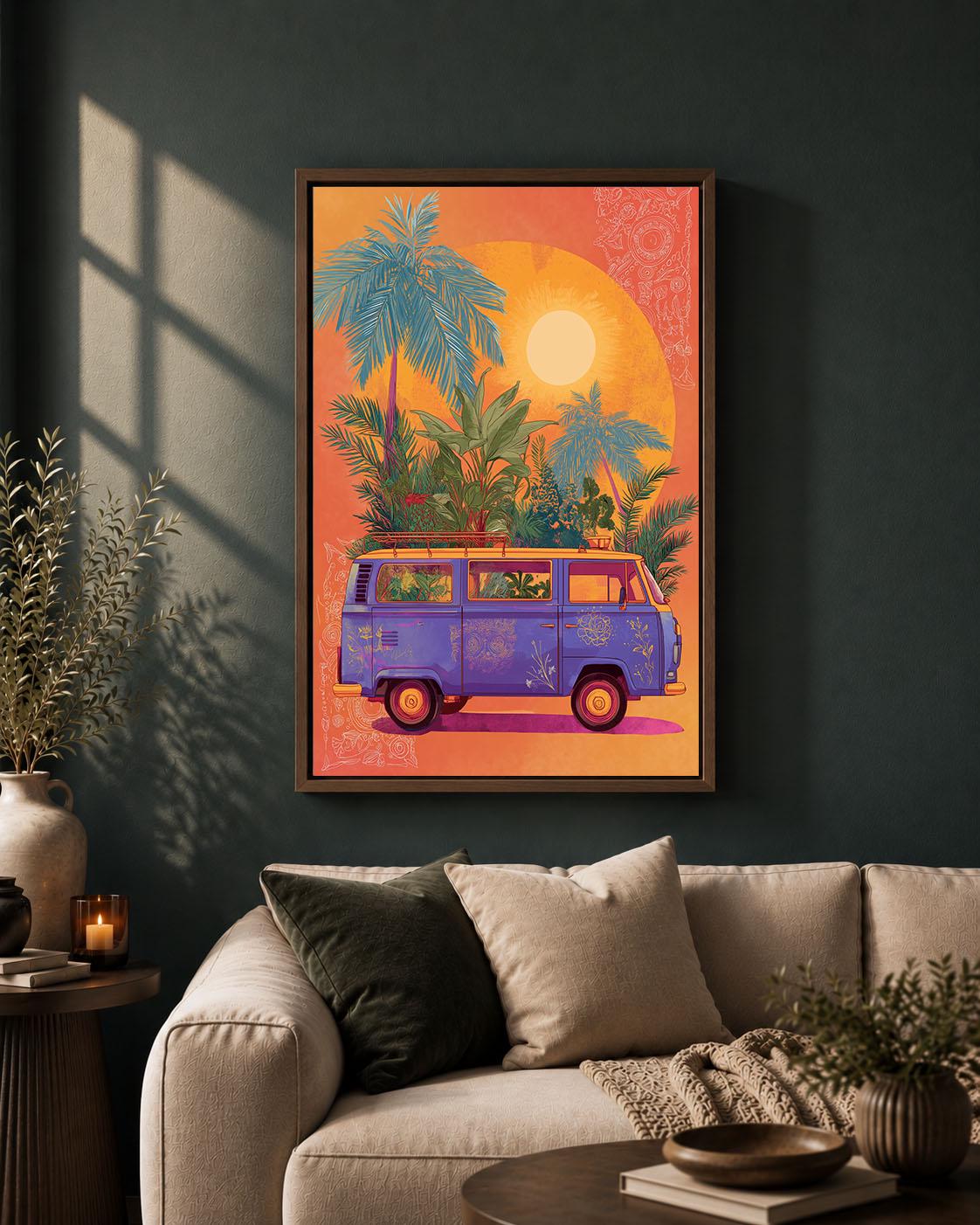 Retro Campervan Colourful Tropical Orange Sunset Palm Tree Framed Canvas