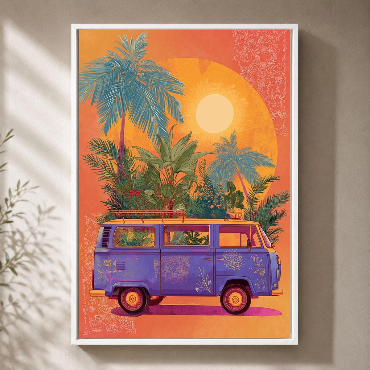 Retro Campervan Colourful Tropical Orange Sunset Palm Tree Framed Canvas