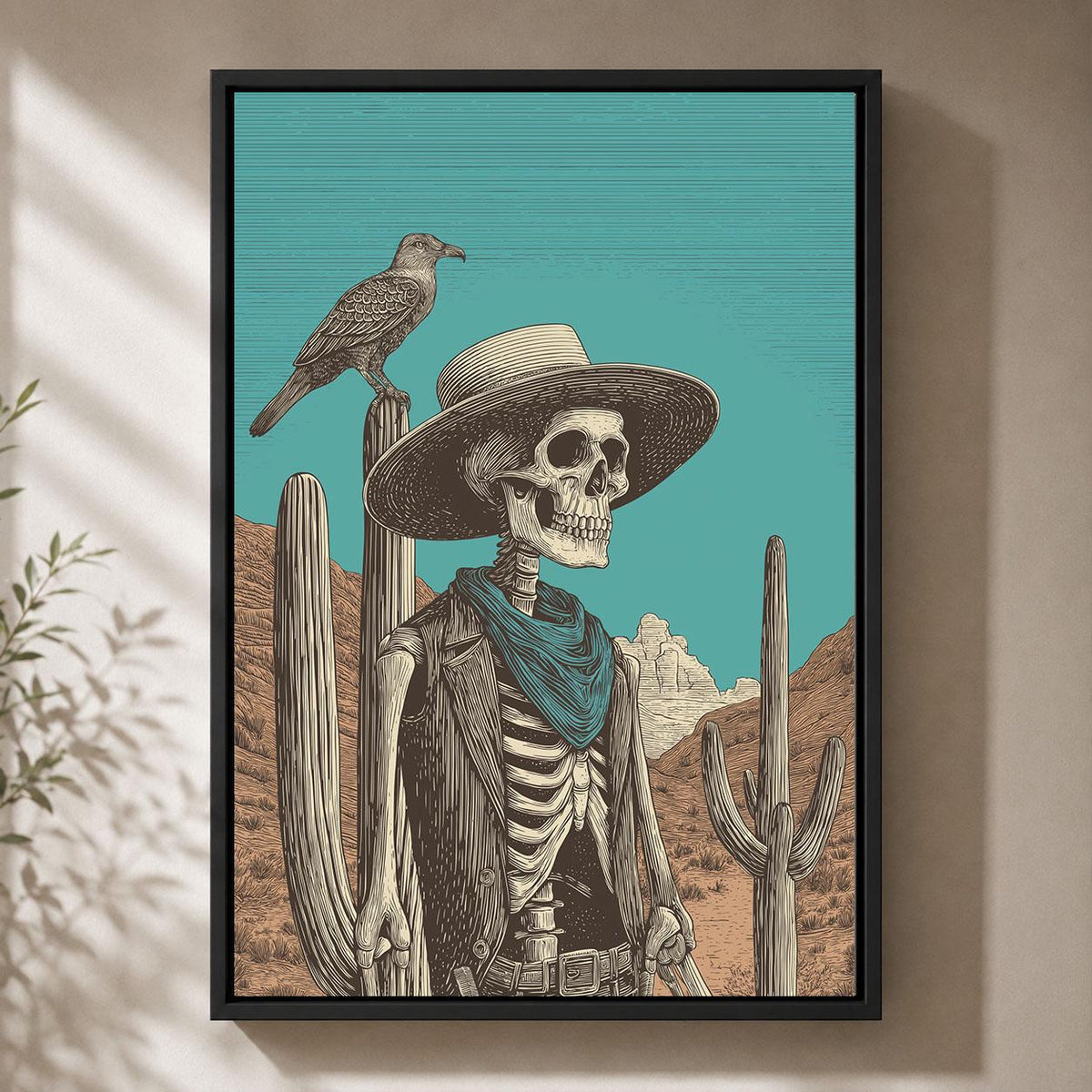 Skeleton Cowboy Western Gothic Turquoise Desert Skull Framed Canvas