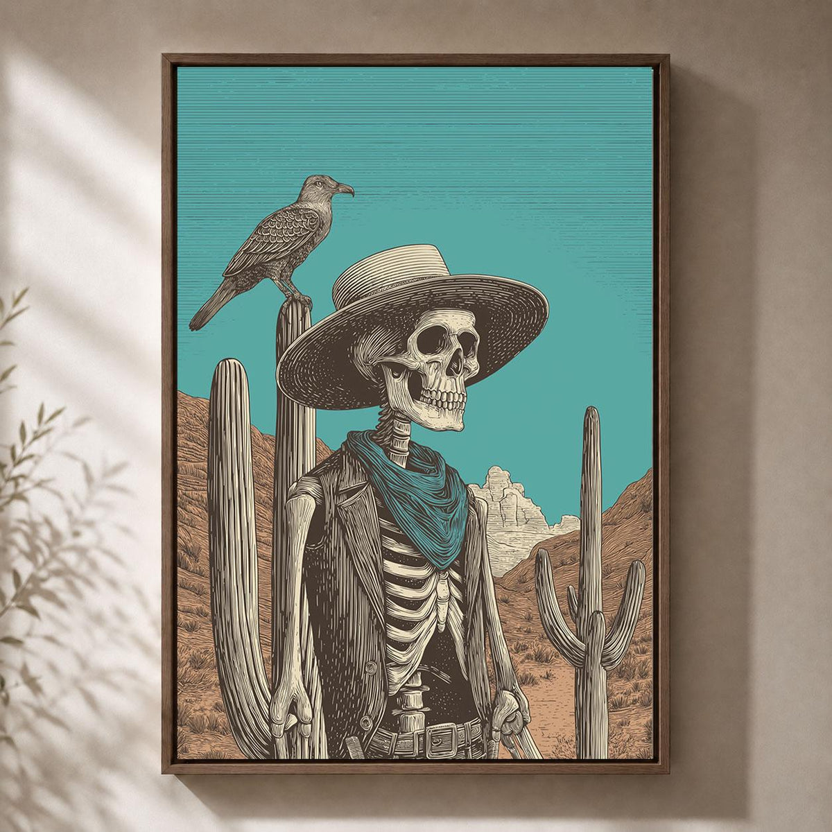 Skeleton Cowboy Western Gothic Turquoise Desert Skull Framed Canvas