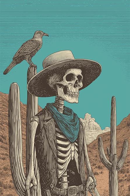 Skeleton Cowboy Western Gothic Turquoise Desert Skull Framed Canvas