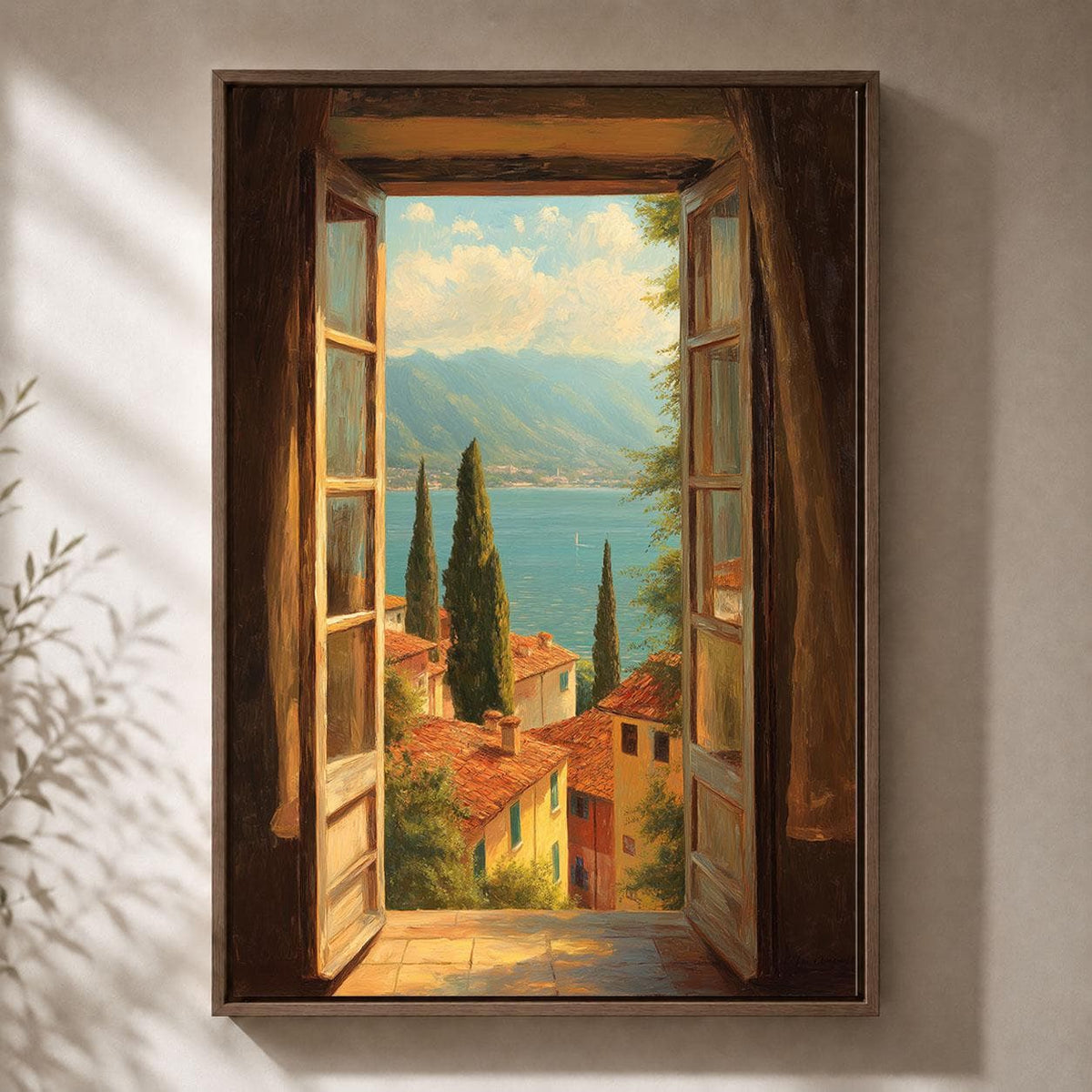 Italian Lake Open Window Mediterranean Village Framed Canvas