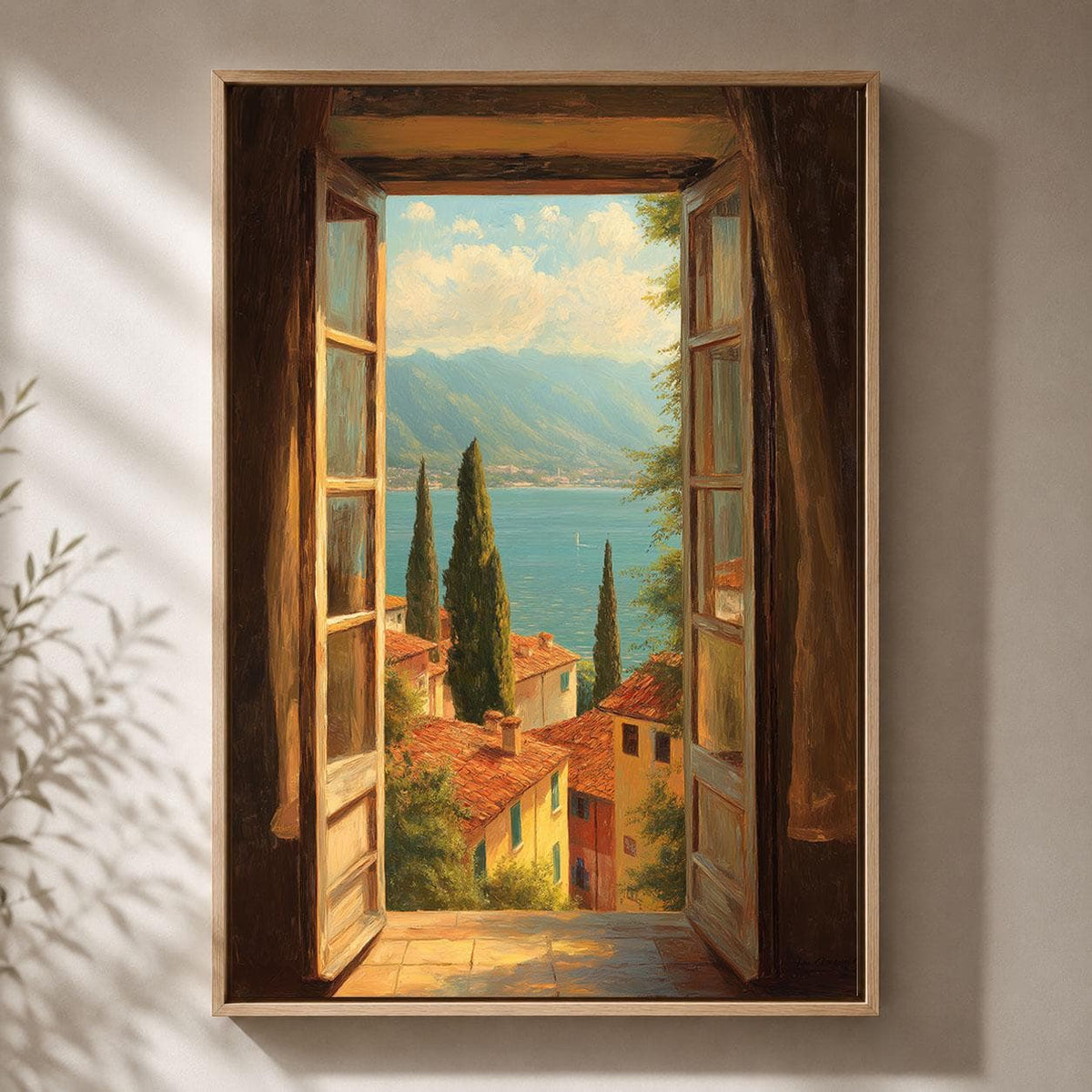 Italian Lake Open Window Mediterranean Village Framed Canvas