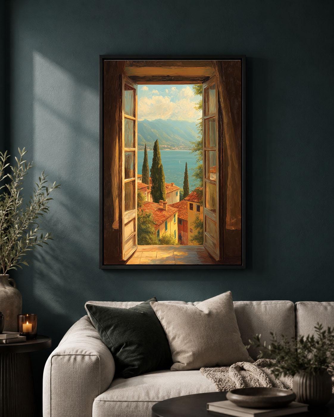 Italian Lake Open Window Mediterranean Village Framed Canvas