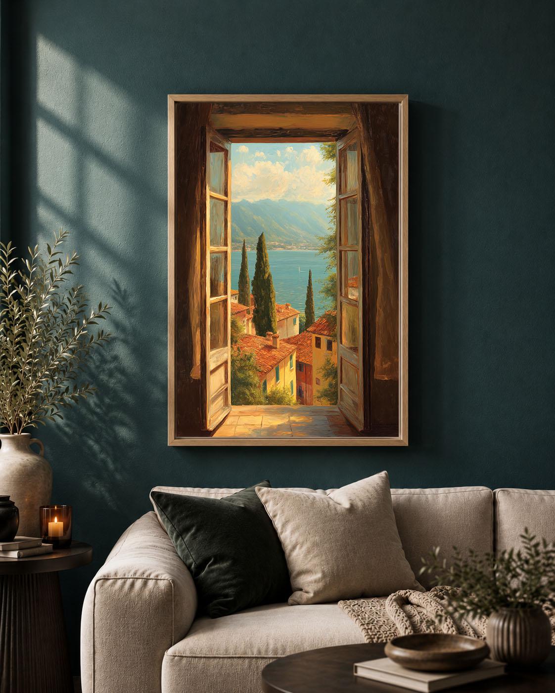 Italian Lake Open Window Mediterranean Village Framed Canvas