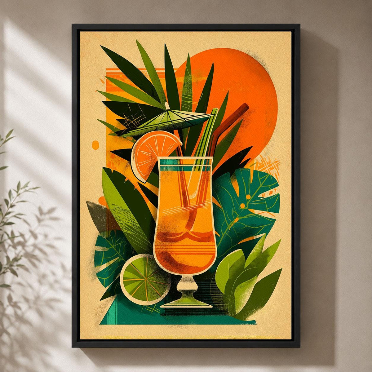 Tropical Cocktail Retro Drinks Orange Green Tiki Bar Mid Century Framed Canvas