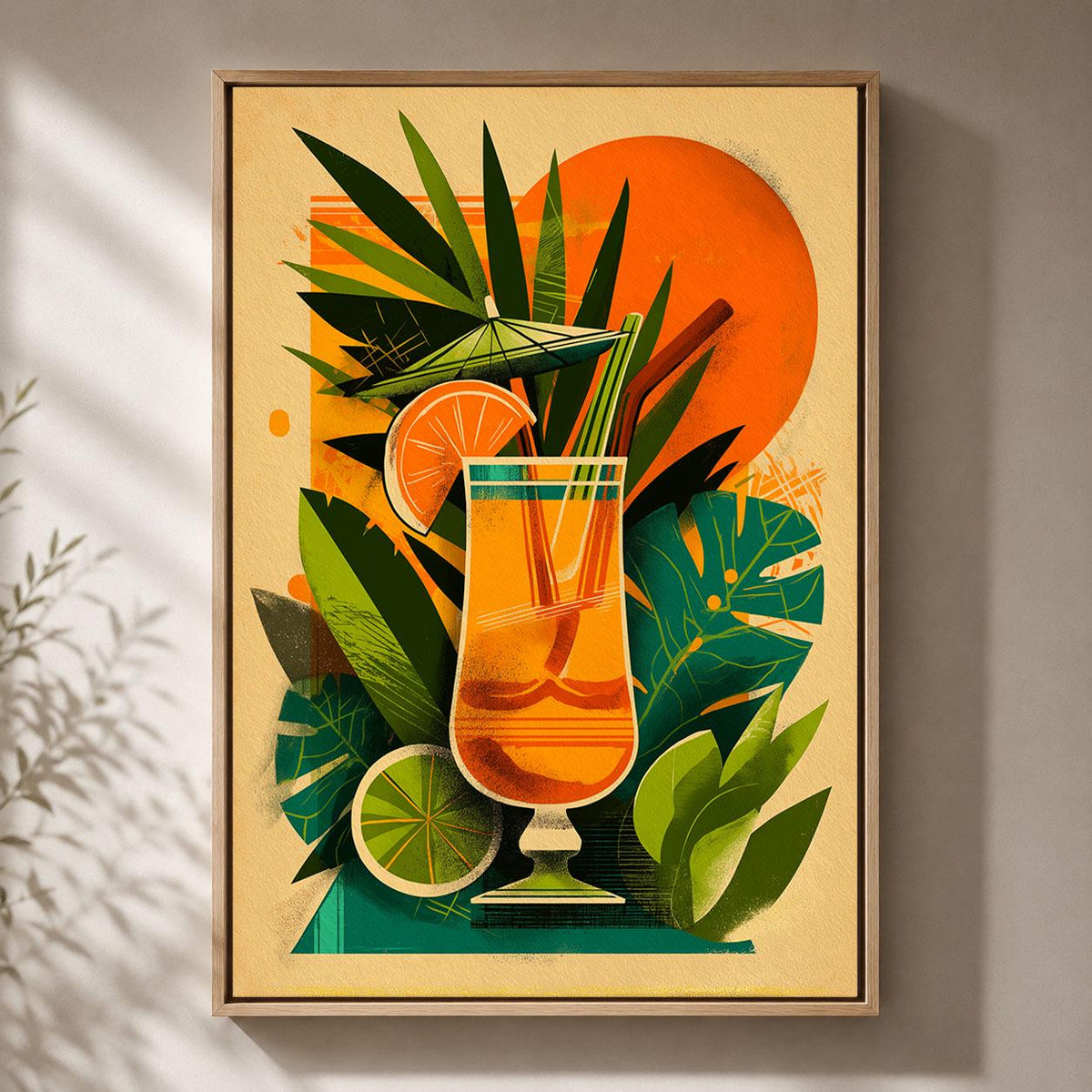 Tropical Cocktail Retro Drinks Orange Green Tiki Bar Mid Century Framed Canvas