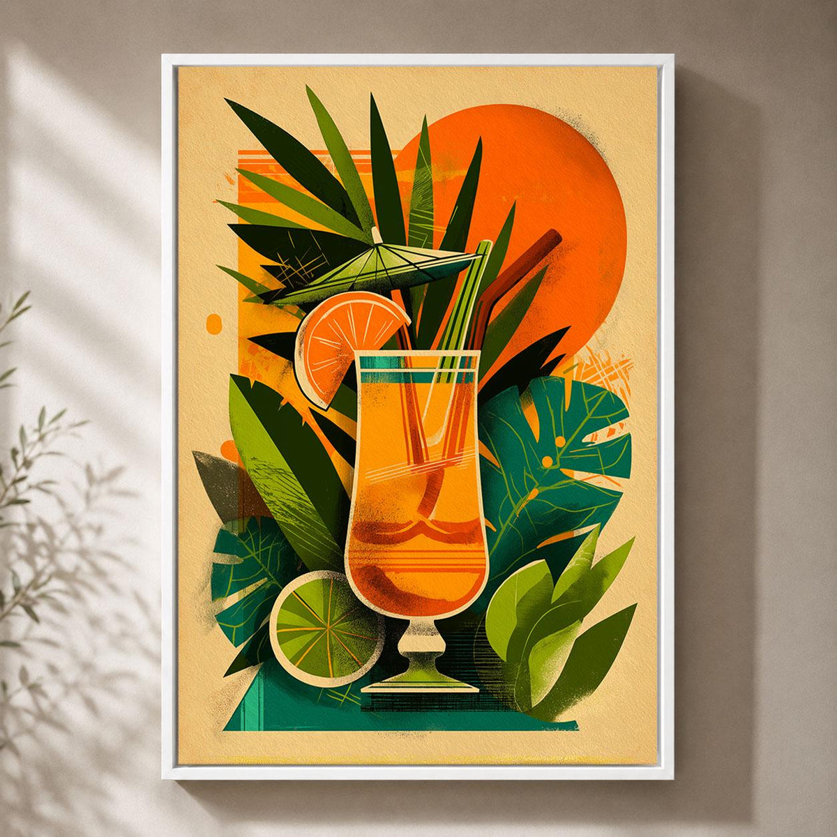 Tropical Cocktail Retro Drinks Orange Green Tiki Bar Mid Century Framed Canvas
