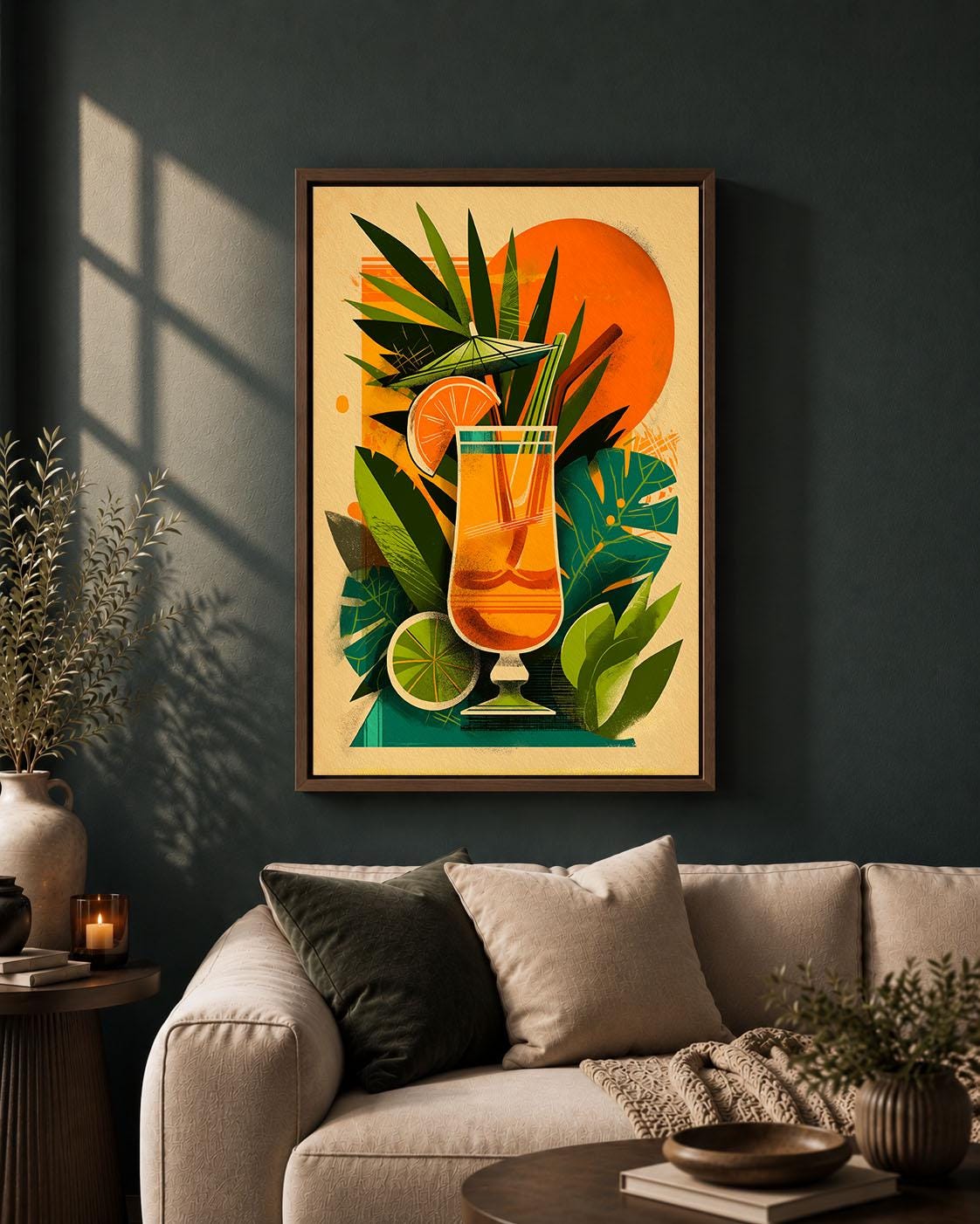 Tropical Cocktail Retro Drinks Orange Green Tiki Bar Mid Century Framed Canvas