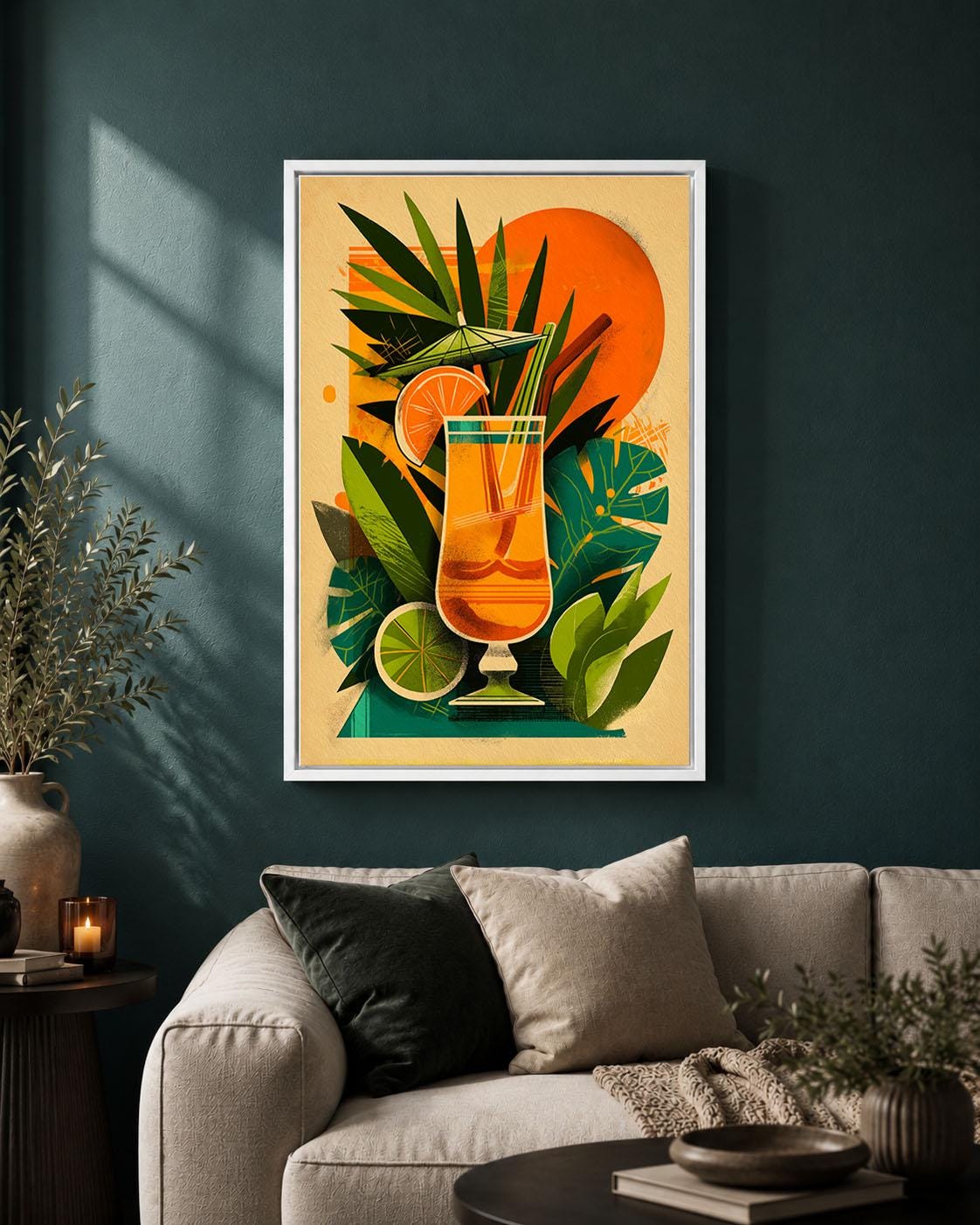 Tropical Cocktail Retro Drinks Orange Green Tiki Bar Mid Century Framed Canvas