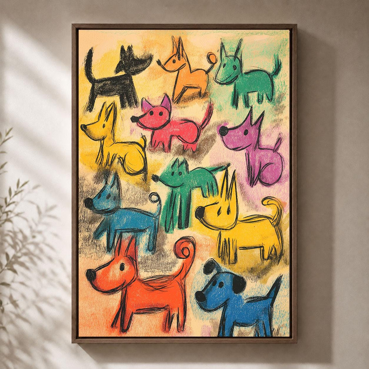 Colourful Dog Crayon Effect Nursery Playful Puppy Framed Canvas