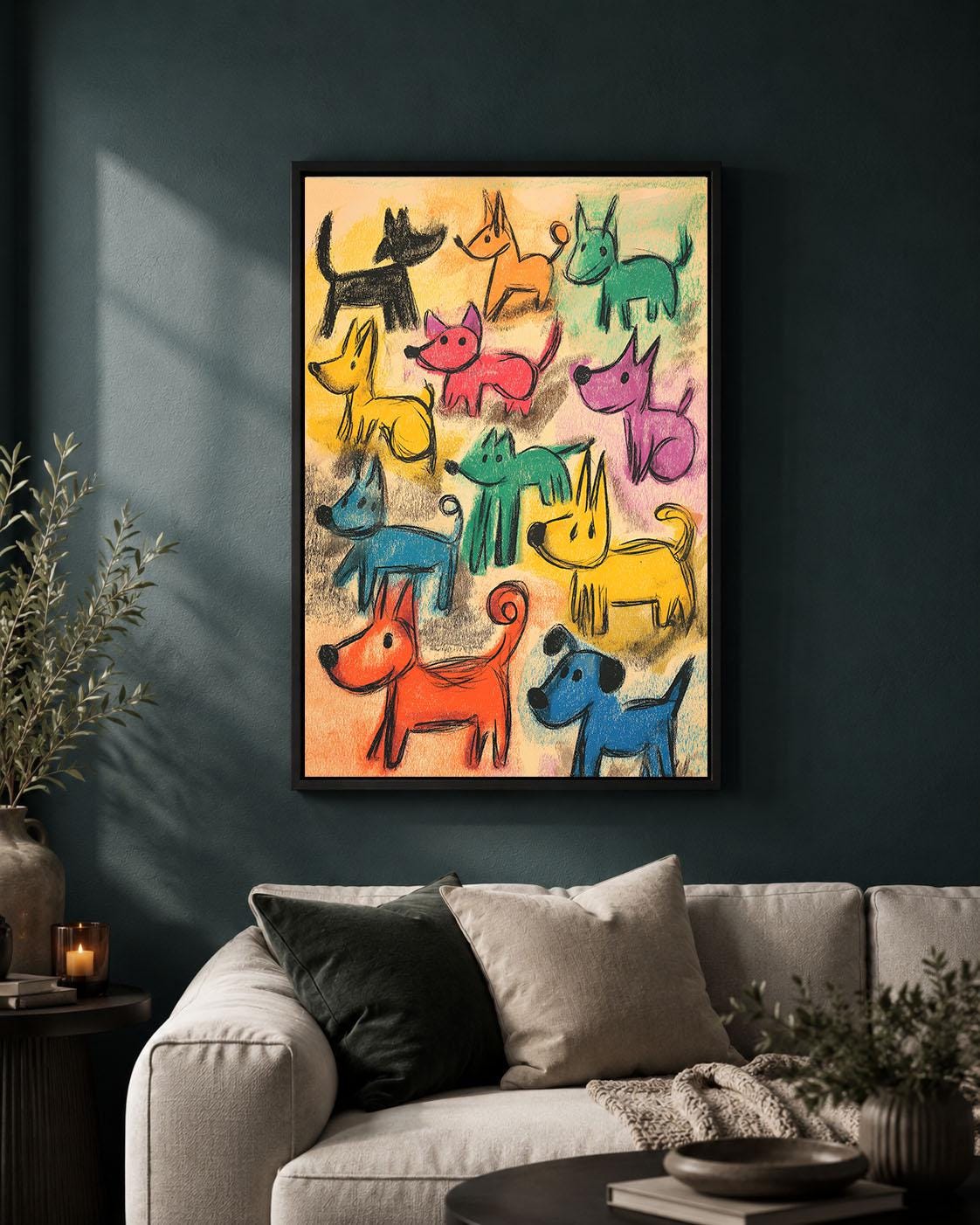 Colourful Dog Crayon Effect Nursery Playful Puppy Framed Canvas