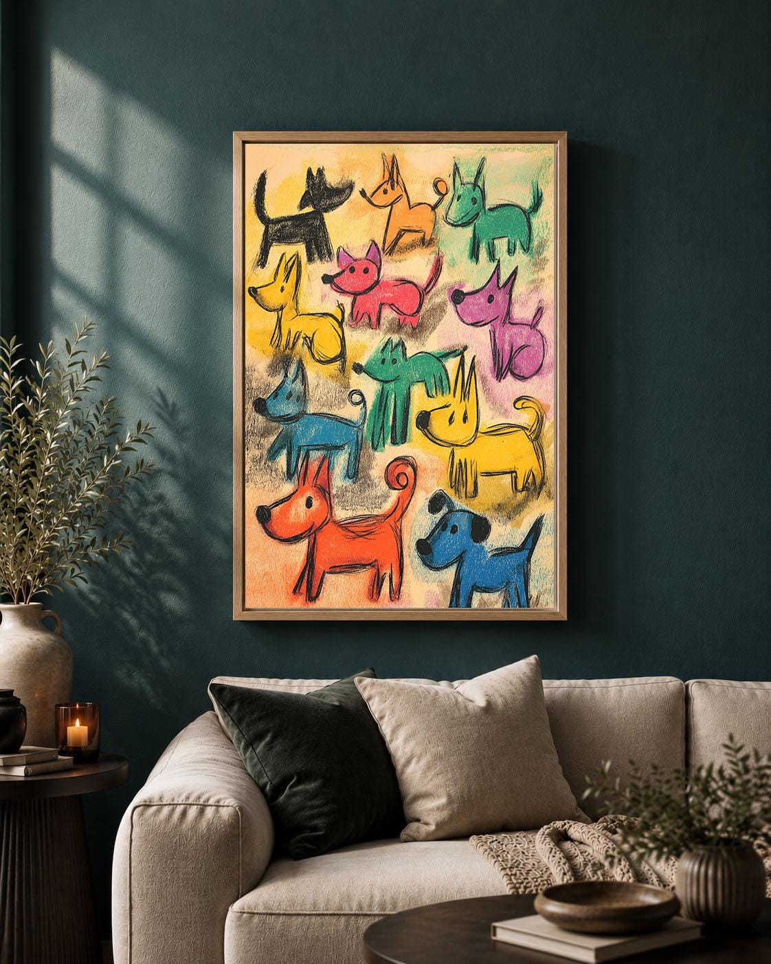 Colourful Dog Crayon Effect Nursery Playful Puppy Framed Canvas