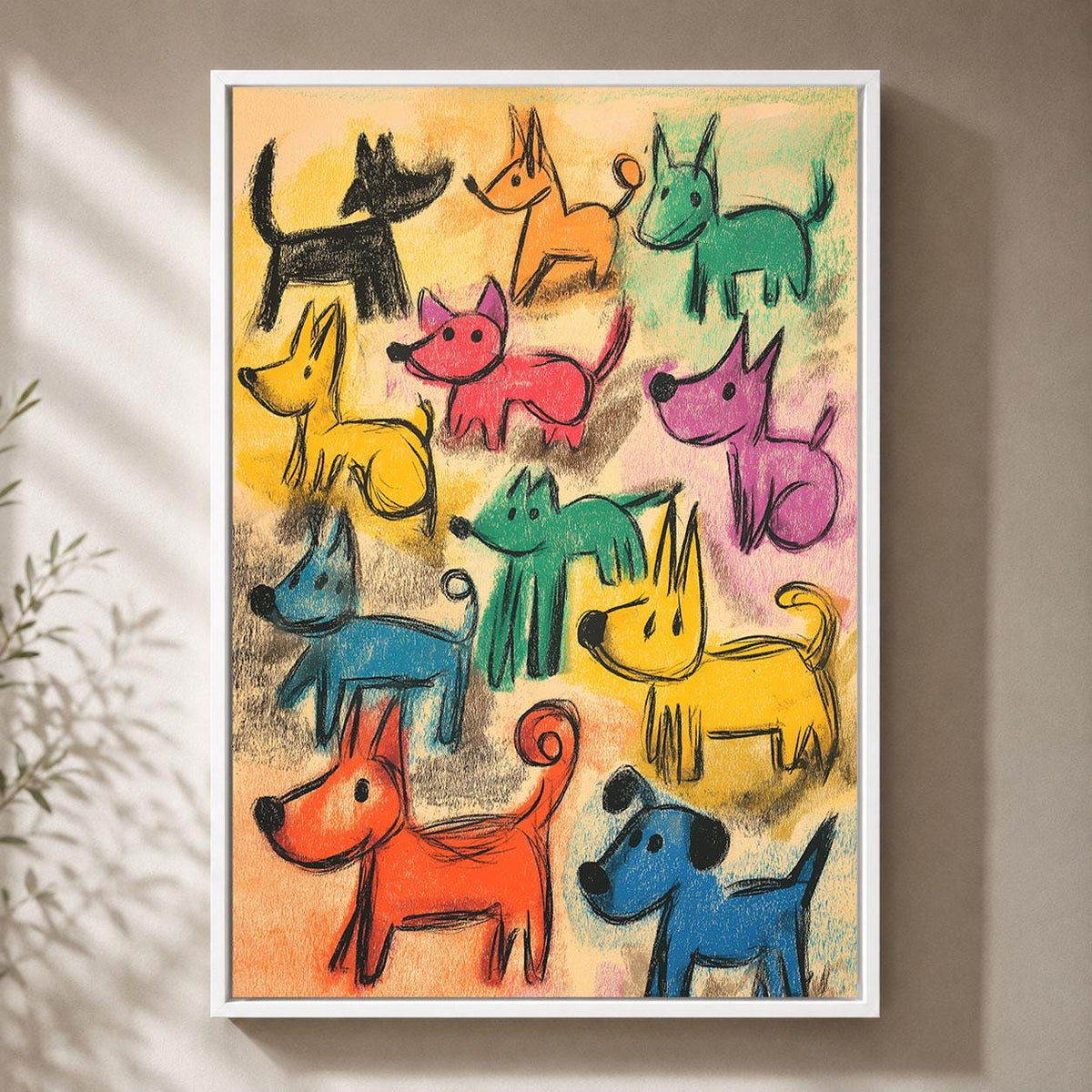 Colourful Dog Crayon Effect Nursery Playful Puppy Framed Canvas
