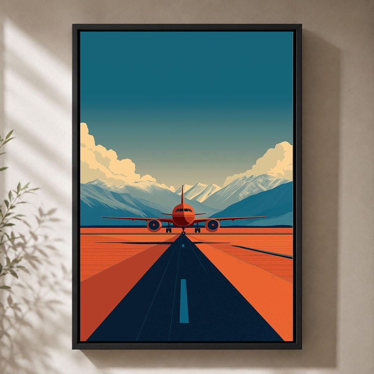 Aeroplane Retro Aviation Orange Passenger Plane Runway Framed Canvas