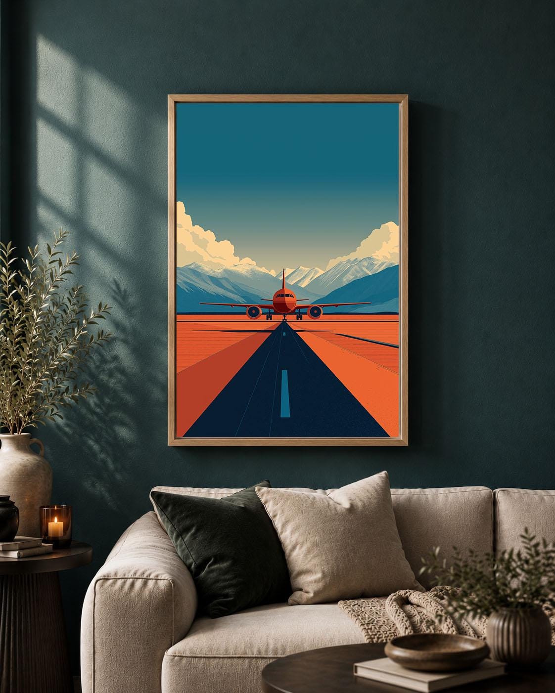 Aeroplane Retro Aviation Orange Passenger Plane Runway Framed Canvas