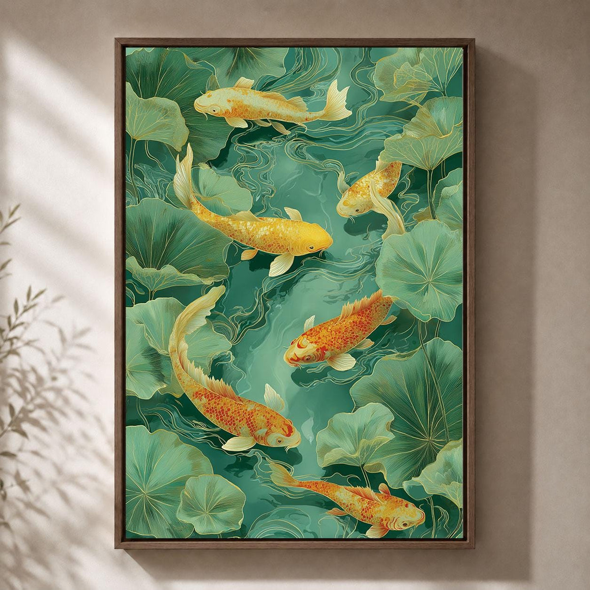 Koi Fish Green and Gold Chinoiserie Oriental Lotus Pond Framed Canvas