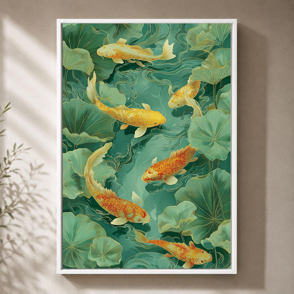 Koi Fish Green and Gold Chinoiserie Oriental Lotus Pond Framed Canvas