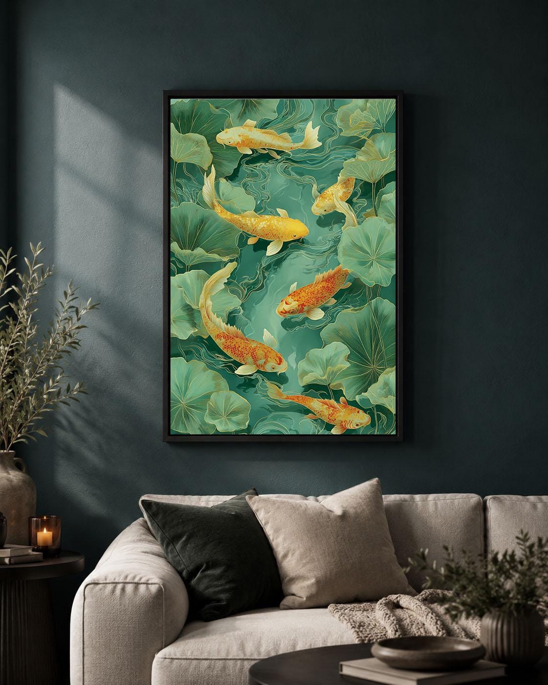 Koi Fish Green and Gold Chinoiserie Oriental Lotus Pond Framed Canvas