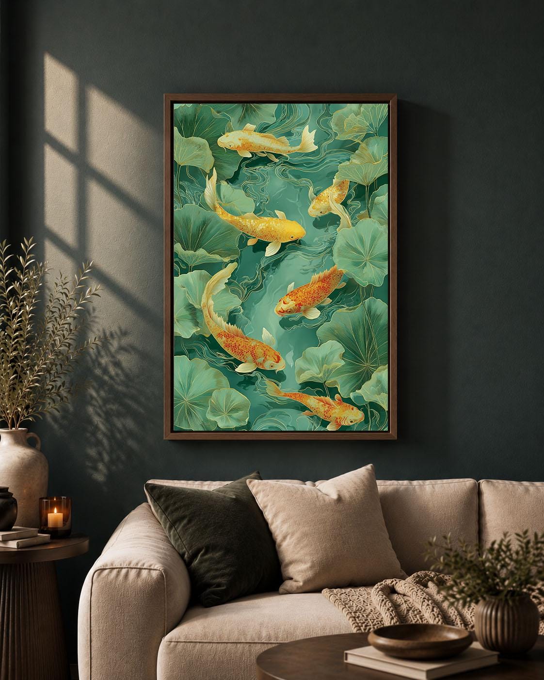 Koi Fish Green and Gold Chinoiserie Oriental Lotus Pond Framed Canvas