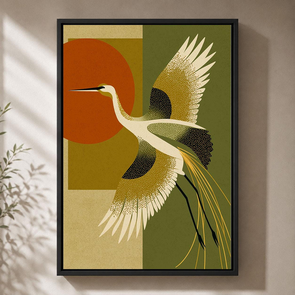 Art Deco Crane Mid Century Modern  Olive Green and Burnt Orange Framed Canvas