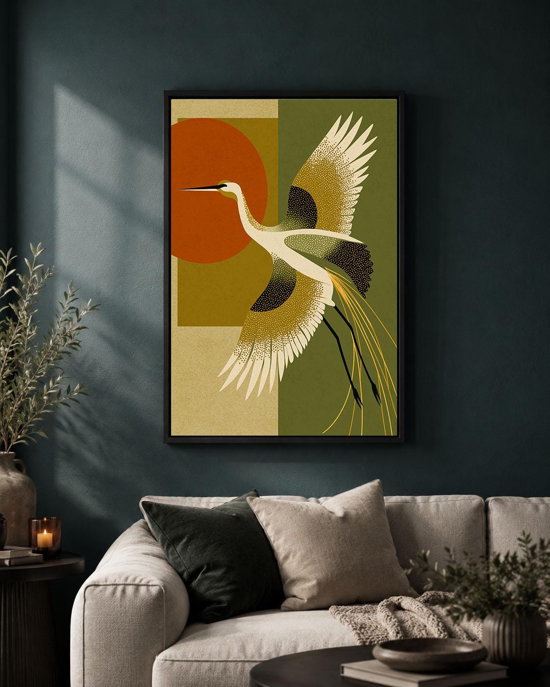 Art Deco Crane Mid Century Modern  Olive Green and Burnt Orange Framed Canvas
