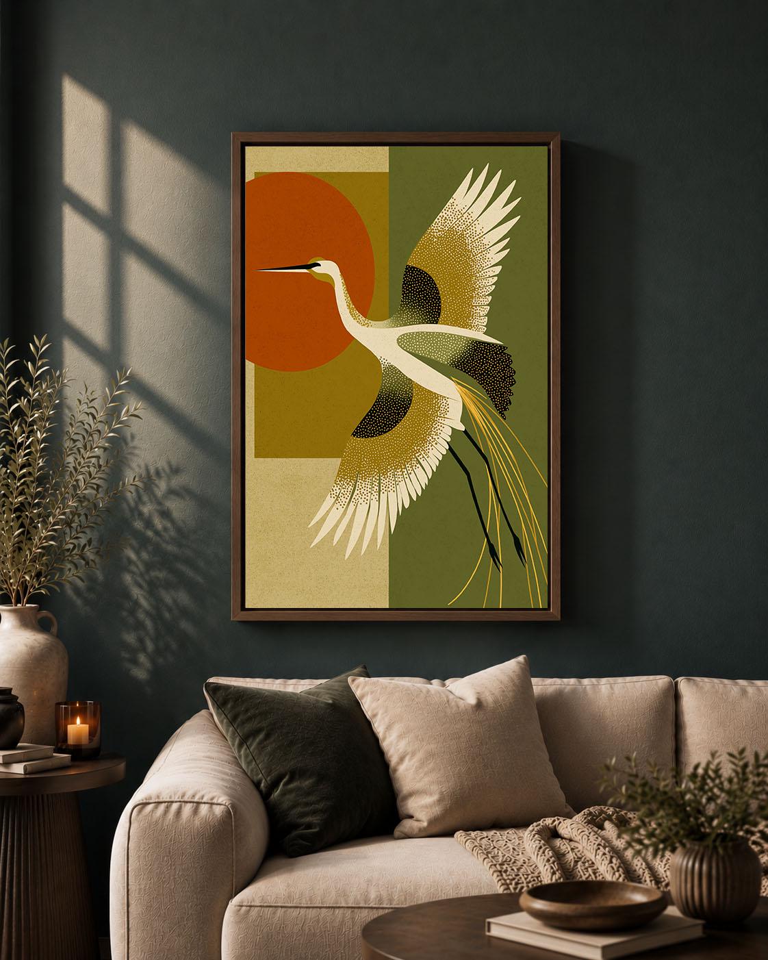 Art Deco Crane Mid Century Modern  Olive Green and Burnt Orange Framed Canvas