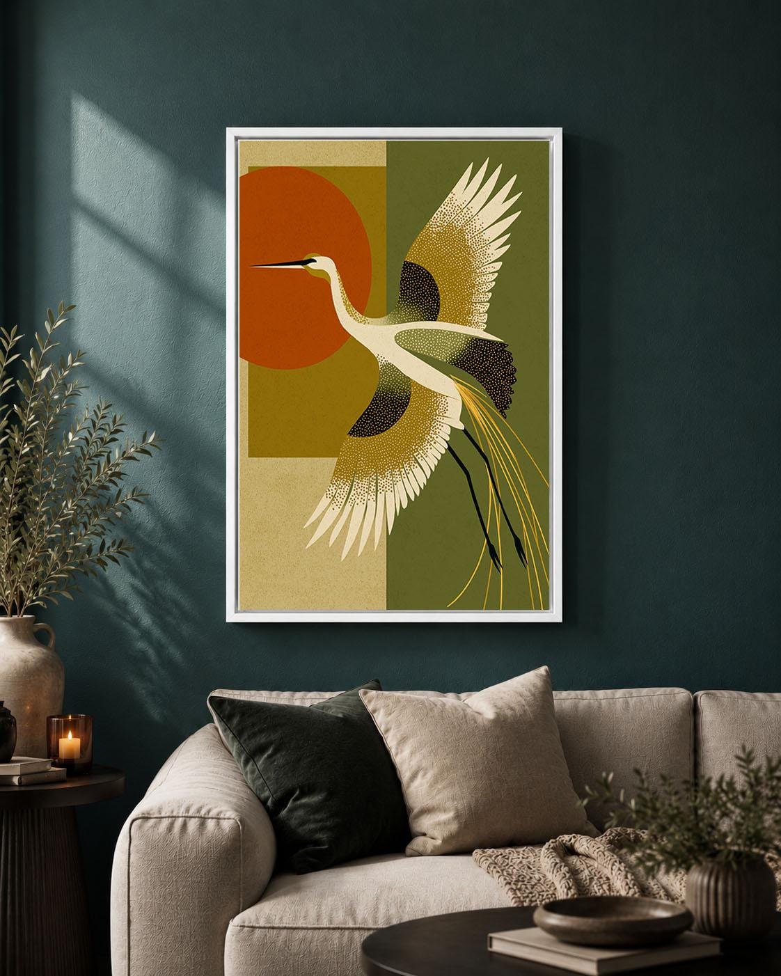 Art Deco Crane Mid Century Modern  Olive Green and Burnt Orange Framed Canvas
