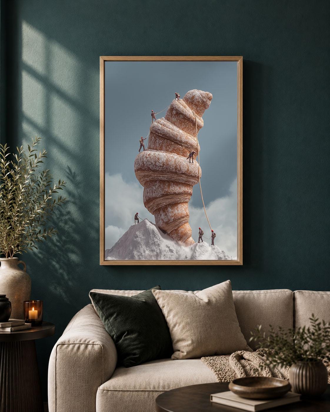 Surreal Croissant Whimsical Mountain Climbing Framed Canvas