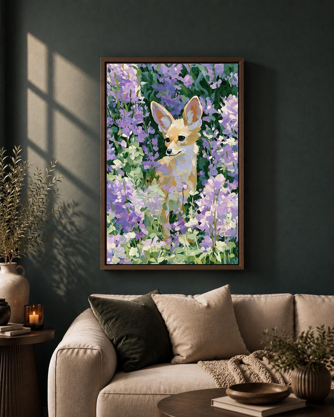 Cute Fox Woodland Animal in Purple Flowers Whimsical Floral Framed Canvas