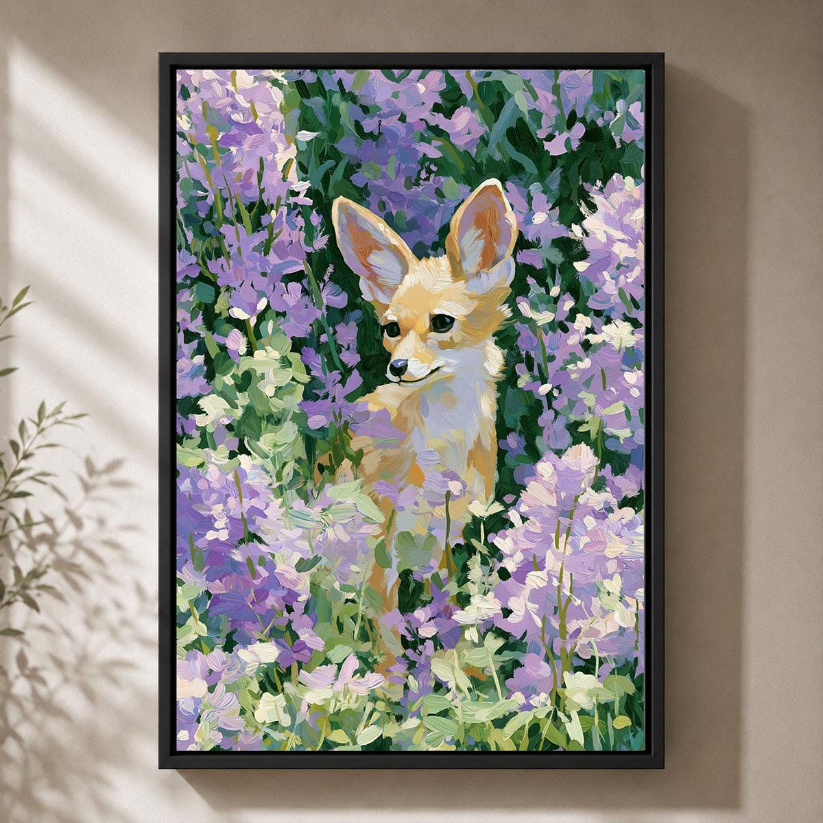 Cute Fox Woodland Animal in Purple Flowers Whimsical Floral Framed Canvas