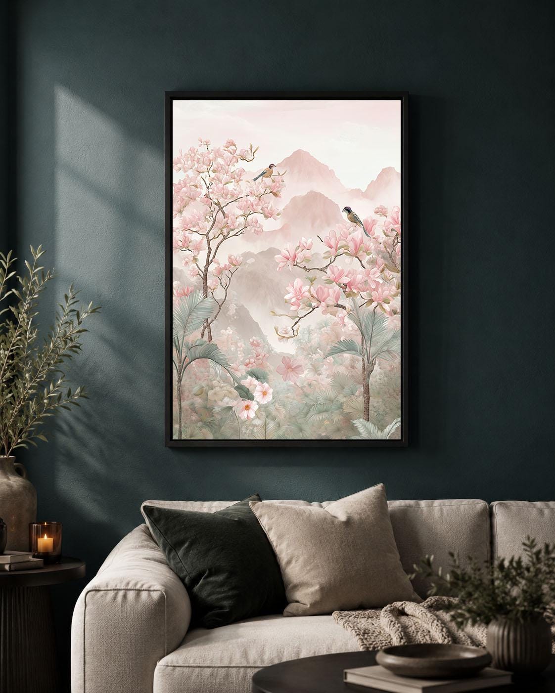 Chinoiserie Landscape Pink Magnolia Bird Pastel Mountain Framed Canvas