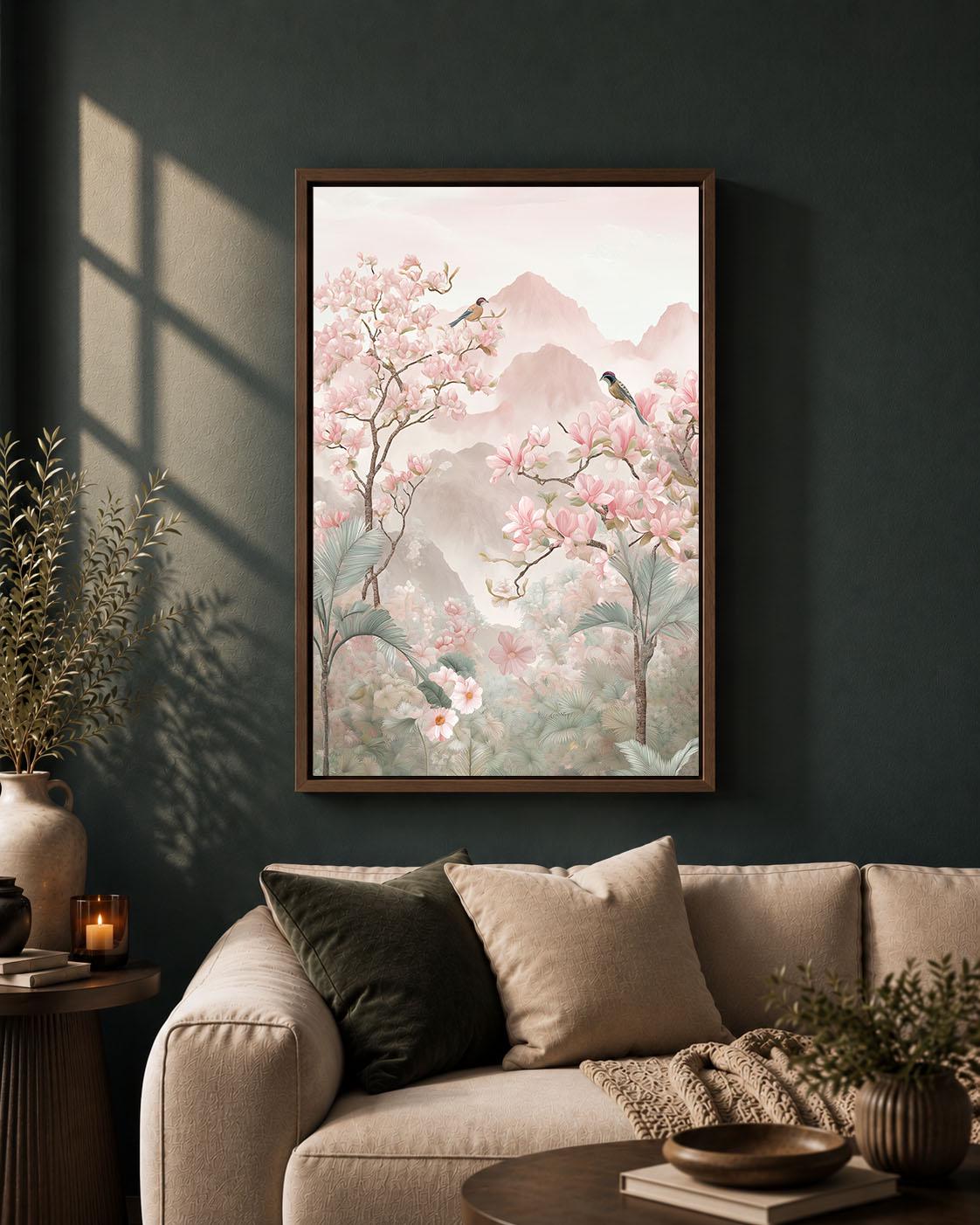 Chinoiserie Landscape Pink Magnolia Bird Pastel Mountain Framed Canvas