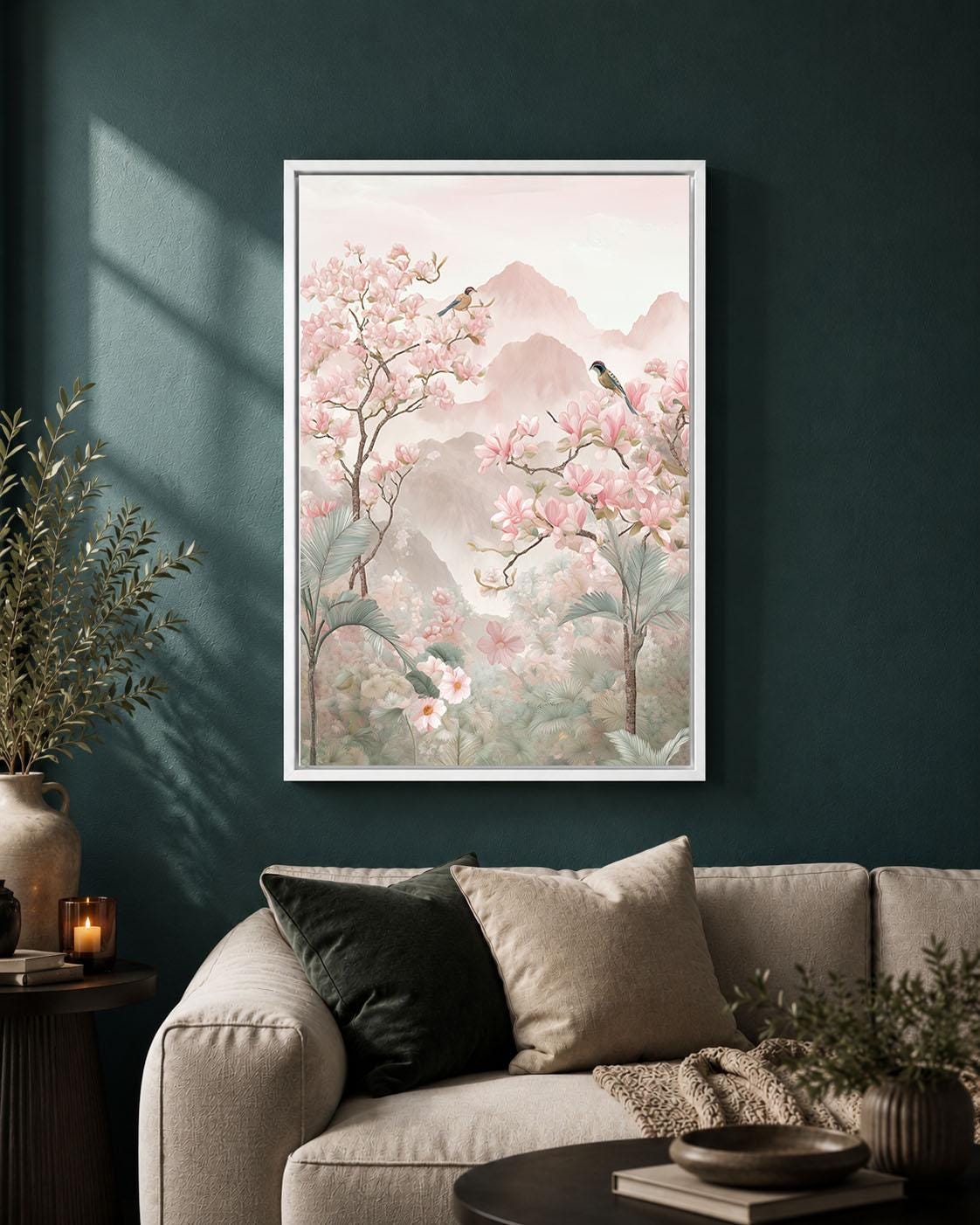 Chinoiserie Landscape Pink Magnolia Bird Pastel Mountain Framed Canvas