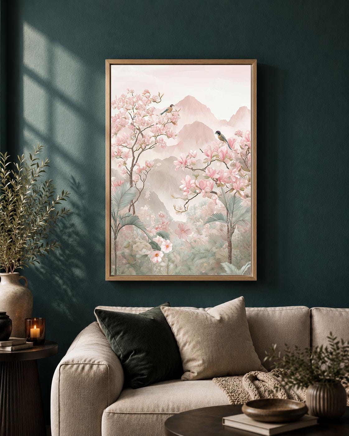 Chinoiserie Landscape Pink Magnolia Bird Pastel Mountain Framed Canvas