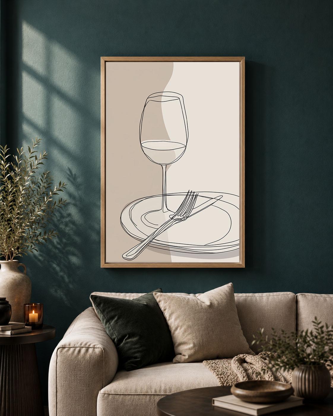 Wine Glass Minimalist Dining Room Neutral Kitchen Line Art Framed Canvas