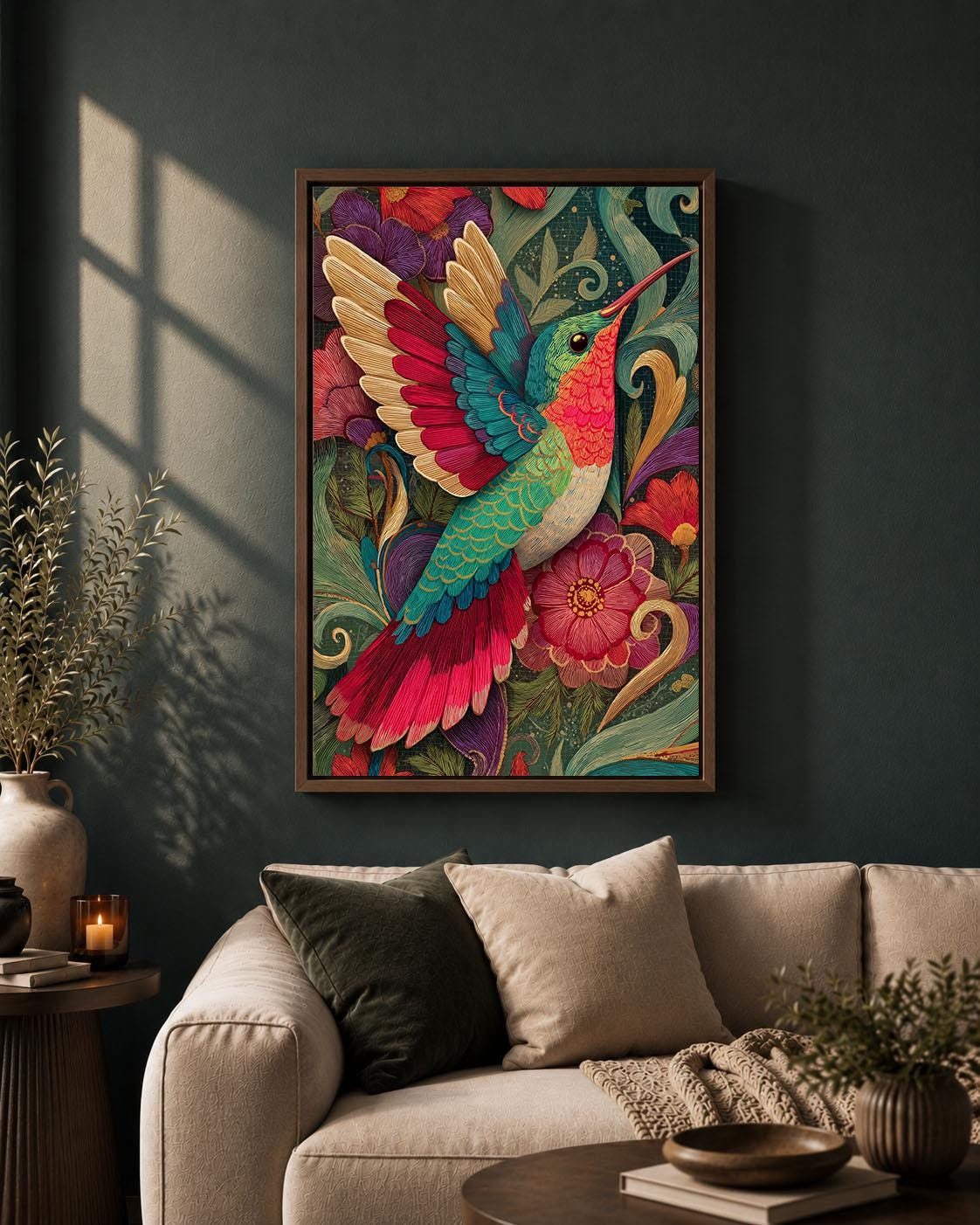 Hummingbird Colourful Floral Maximalist Folk Art Tropical Framed Canvas