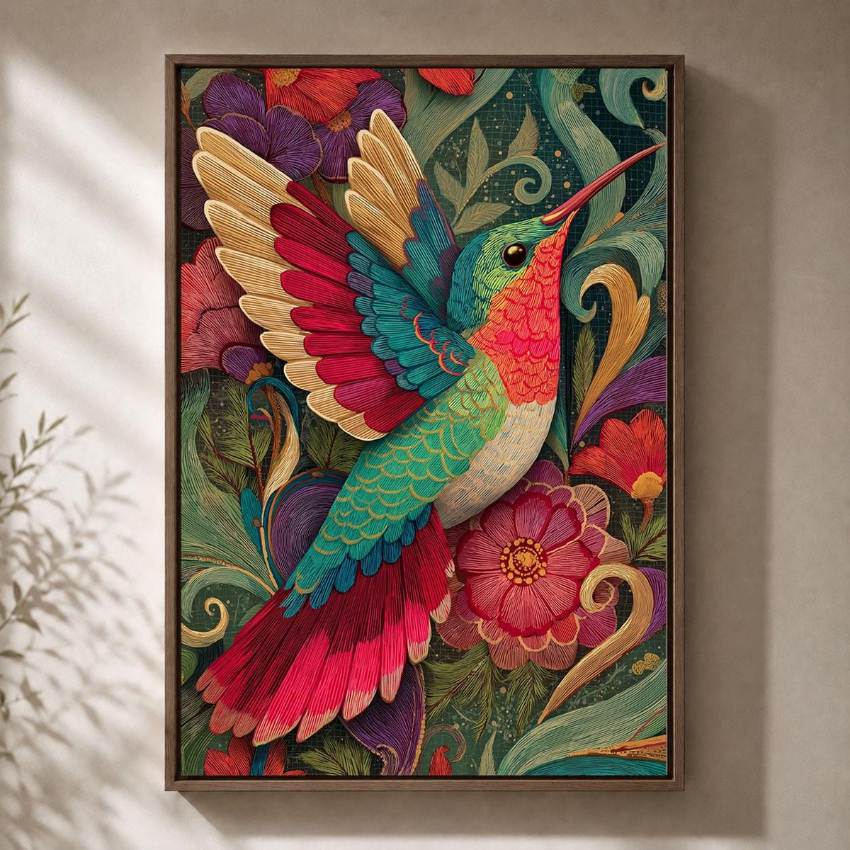Hummingbird Colourful Floral Maximalist Folk Art Tropical Framed Canvas